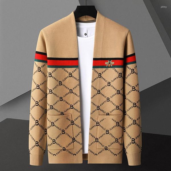 Мужские свитера, высококачественный вязаный кардиган в светлую полоску, осень 2023, модный повседневный свитер с вышивкой маленькой пчелки, пальто