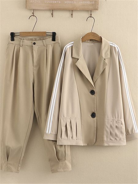 Плюс размер платья размер женский костюм воротник с лацканами повседневная куртка эластичная талия сбоку белая полоска сшитые брюки комбинация 230919