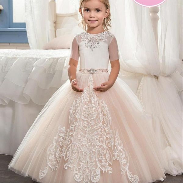 Kız Elbiseler Uzun Boncuklu Çiçek Tül Aplikes Prenses Çocuk Düğün Doğum Günü Elbise Yarım Kollu Pageant Top Balsası