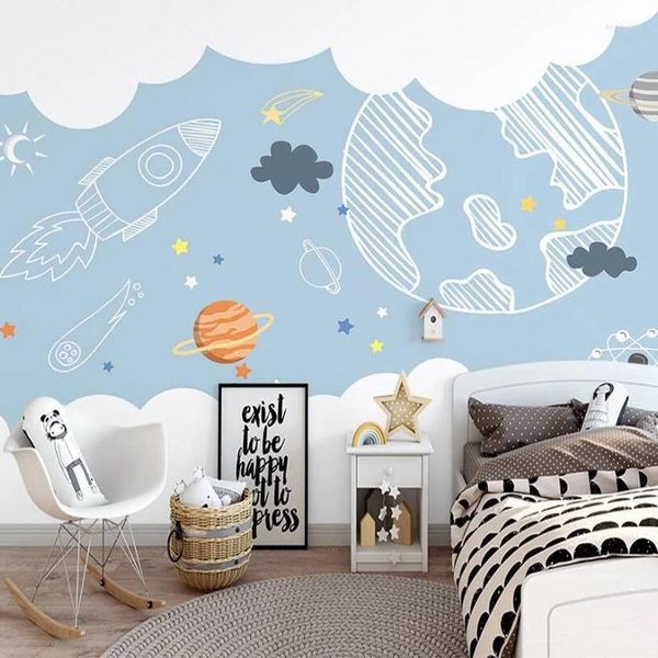 Wallpapers personalizado 3d mural de parede nórdico pintado à mão minimalista dos desenhos animados espaço planeta crianças quarto papel de parede fundo