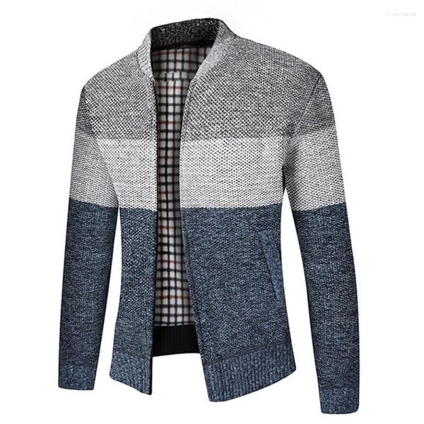 Suéter masculino outono inverno zip up bolso patchwork quente pele grossa forrada suéter de malha colarinho casaco jaqueta moletom masculino malhas