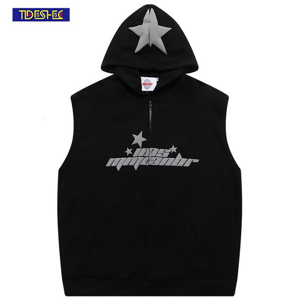 Moletom Com Capuz Masculino 2023 Moda Verão Sem Mangas Zipper Hoodie Homens Hip Hop Cinco Pontas Estrela Carta Impressão Colete Casual Harajuku Com Capuz Tops 230920