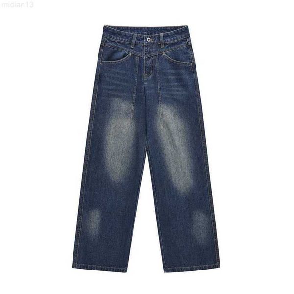 Marca da moda de rua alta lavada azul profundo branco tubo reto solto jeans relaxadou95d