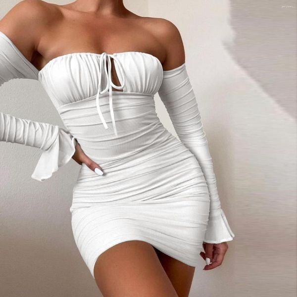 Vestidos casuais wepbel sexy bandeau lace-up strapless slash colarinho sino manga bainha vestido longo clube festa desgaste mini bodycon