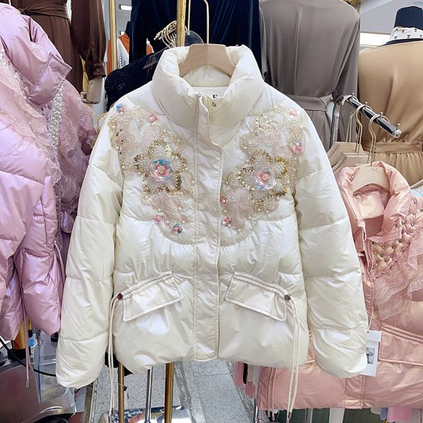 Cappotto parka caldo imbottito in cotone con fiori di paillettes con colletto rialzato da donna ML