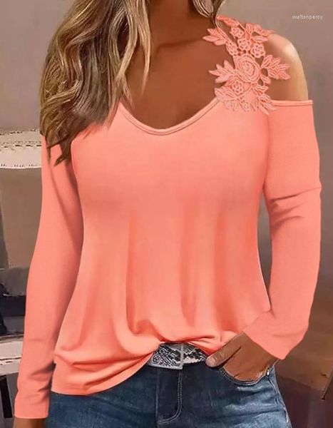 T-shirt da donna 2023 Autunno Inverno Primavera Moda Casual Spalla fredda Patch in pizzo Top Abbigliamento femminile T-shirt Pullover Top