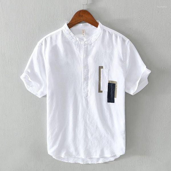 Magliette da uomo camicia di lino di marca da uomo estate tinta unita manica corta colletto alla coreana T-shirt in cotone traspirante taglia M-XXXL