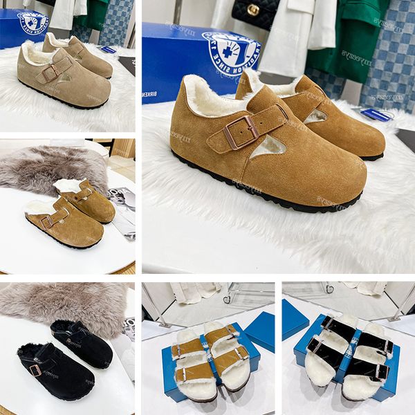 Birkes Boston Clogs Chinelos de Inverno Pele Shearling Camurça Designer Sapatos Peludos Deslizantes em Cortiça Flat Mule Lã Fluff Cork Slides Botas de Bota com Fivela de Couro