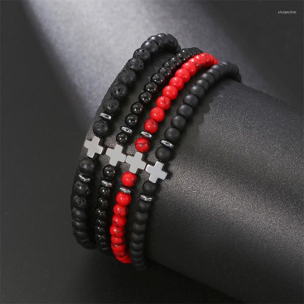 Charme pulseiras masculino pedra natural cruz pulseira 4mm ajustável artesanal frisado legal festa ao ar livre jóias acessórios presente