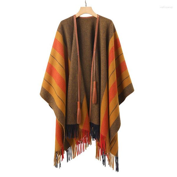 Sciarpe 90% lana 10% cashmere Poncho con nappe in pelle per donna Sciarpa patchwork a righe arancioni con scialle caldo avvolgente