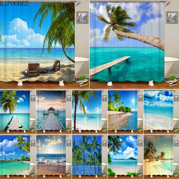 Cortinas de chuveiro 3D Sunny Beach impressas cortinas de chuveiro à prova d'água oceano mar cenário cortina de banho para decoração de banheiro com 12 ganchos 230920