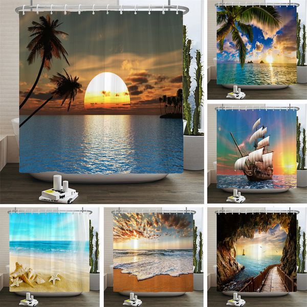 Tende da doccia Luce solare Scenario oceanico Tende da doccia Decorazione Tessuto impermeabile Tramonto Crepuscolo Mare Delfino Cowboy Tenda da bagno Tenda da bagno 230920