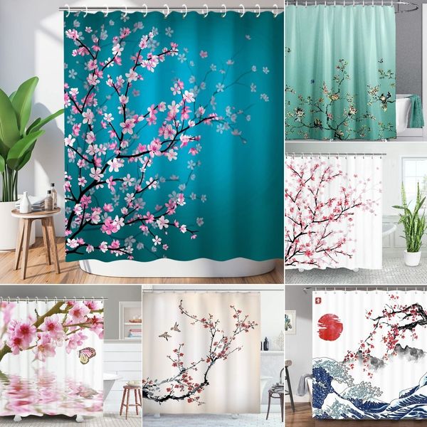 Duschvorhänge, Kirschblüten, japanische Blumen, Sakura, Pflaumenblüten, Blaugrün, Blau und Rosa, Dekor 230920
