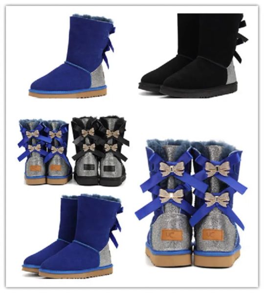 2023 Despesas Austrália Botas de neve feias Marca de moda Botas médias clássicas 2 fileiras de arcos de diamante colados Design Botas de lã Sapatos quentes de inverno