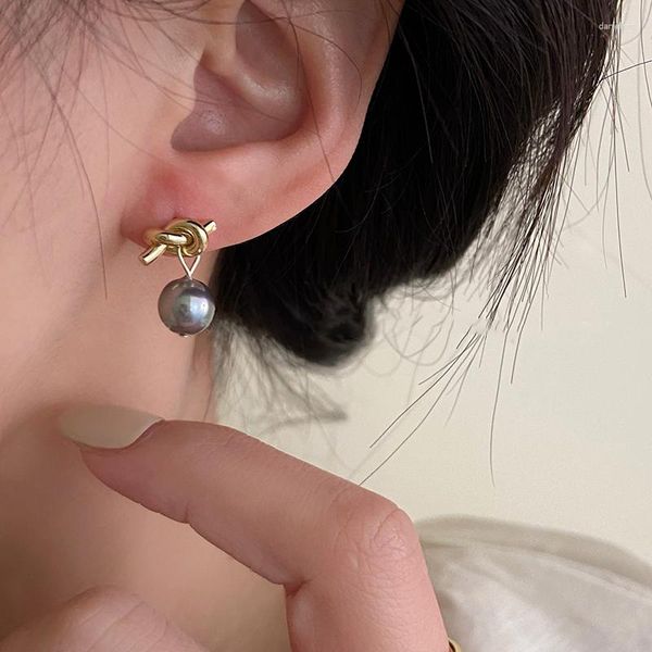 Orecchini pendenti moda annodata in metallo color oro con perla grigia pendente per donna orecchino a goccia con ciondolo Boucle Oreille gioielleria raffinata