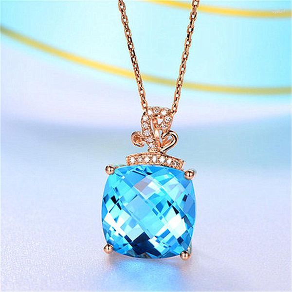 Ожерелья с подвесками, роскошные квадратные морские голубые драгоценные камни, кристалл принцессы, циркон, свадебное ожерелье, свадебное ожерелье с покрытием из розового золота, длинная цепочка, ювелирные изделия
