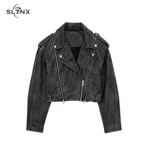 Jaquetas femininas sltnx moda couro do plutônio para as mulheres 2023 vintage chique curto casaco feminino zíper frontal jaqueta de motocicleta outerwear 230919
