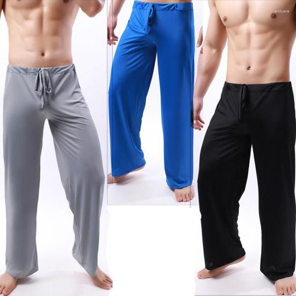Homens sleepwear homens pijama calças cordão fino ver através de dormir gelo seda loungewear ginásio yoga fitness pijama homewear