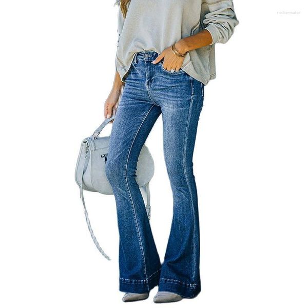 Calças de brim femininas clássico sytle para mulheres mide cintura elástica flare com plissado perna larga calças longas jeans moda streetwear jean