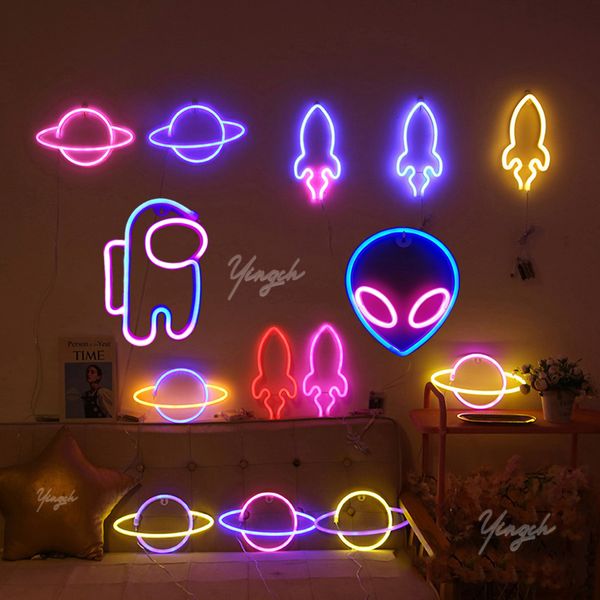 Novità Articoli Alien Astronauta Insegne al neon Luci Razzo Spazio Stella Lampada modellante Luce notturna Decorazione da parete per Bar Party Sala giochi Festival 230919