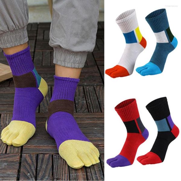 Meias masculinas 1 pares coloridos homens toe fibra algodão cinco dedos absorver suor casual brilhante tubo médio masculino tripulação respirável