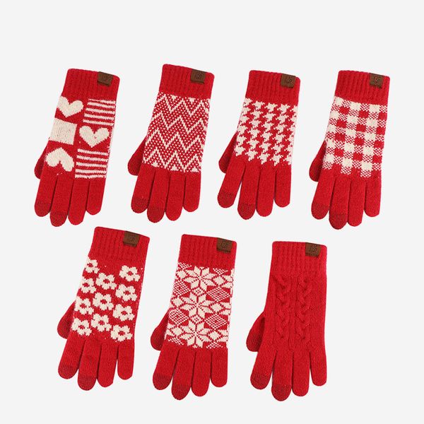 Cinco dedos luvas ano vermelho malha com tela de toque inverno mão mais quente impressão elástica luva de lã mulheres ciclismo ao ar livre luvas de veludo 230919