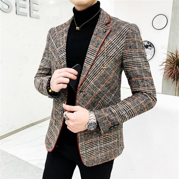 Estilo britânico xadrez blazer para homens terno jaqueta casual vestido de casamento de lã casaco único negócio masculino botão veste traje homme 222792