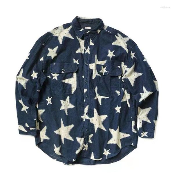 Camisas casuais masculinas Batik lavado plissado camisa de manga comprida Mens Navy Star Printing Loose Coat Top Man