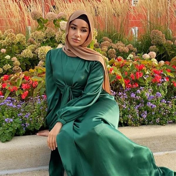 Abbigliamento etnico Eid Abito satinato Dubai Abaya per le donne Avvolgente davanti Elegante manica lunga Abiti Hijab Abito da festa Musulmano Islam Tur263a