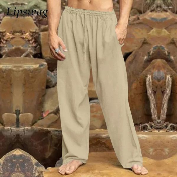 Calças masculinas vintage calças masculinas moda cordão rendas-up cor pura em linha reta praia estilo lazer respirável solto homens casuais