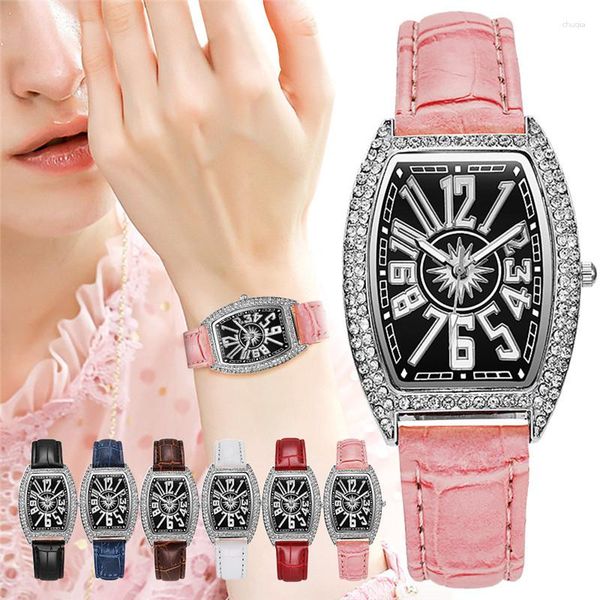 Relógios de pulso 2023 Mulheres Tonneau Números Árabes Diamante Relógios Luxo Senhoras Couro Quartz Relógio Relogio Feminino