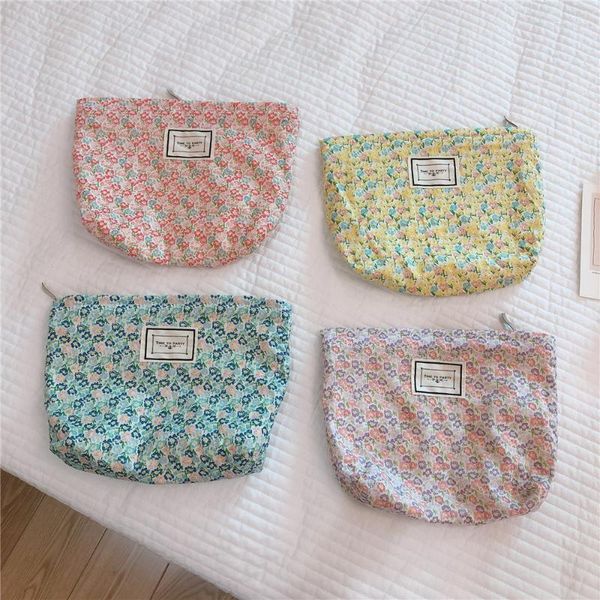 Sacos cosméticos grande capacidade saco de viagem feminino fresco floral lona maquiagem higiênico lavagem organizador embreagem bolsa telefone