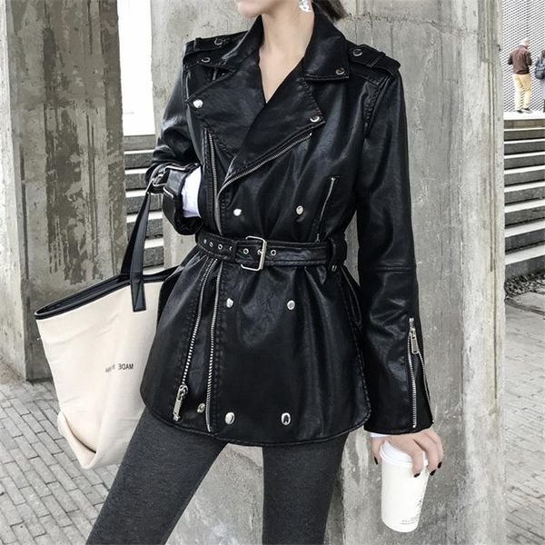 Frauen Leder Motorrad Pu Mantel Moto Biker Zipper Jacke Mode Kleidung Gürtel Lange Casual Top Koreanische Herbst Kleidung XXL