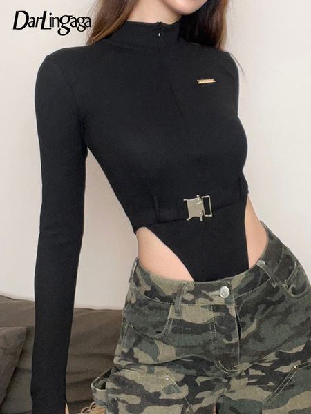 Kadın Tulumları Tulumlar Darlingaga Streetwear Fermuar Sıska Siyah Kadınlar Bodysuits Üst Toka Bultlenek Sonbahar Vücut Moda Motosiklet Rompers 230919