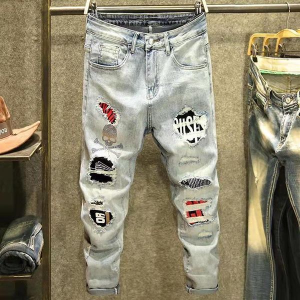 Мужские джинсы высокой уличной моды в стиле хип-хоп, 2021, ретро, рваные, со складками, дизайнерские узкие брюки для езды на мотоцикле215o