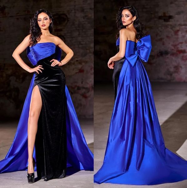 Abendkleider, Schwarz, Königsblau, Abschlussball, Partykleid, trägerlos, ärmellos, Satin, Reißverschluss, Schnürung, Übergröße, neu, benutzerdefinierte A-Linie, mit oberschenkelhohen Schlitzen