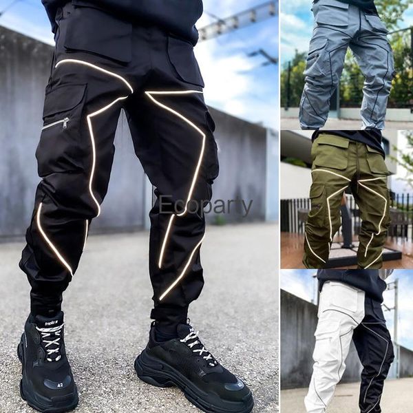 Calças masculinas casuais retalhos carga outono preto cintura alta listrado multi bolso jogging esportes fitness hip hop jogger calças