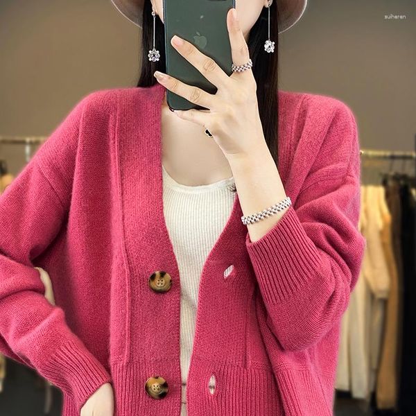 Kadın Örgüleri Sonbahar/Kış Genişletilmiş Yün Giyim Örme V yaka Düz Renkli Hardigan Yumuşak ve Tembel Bluz