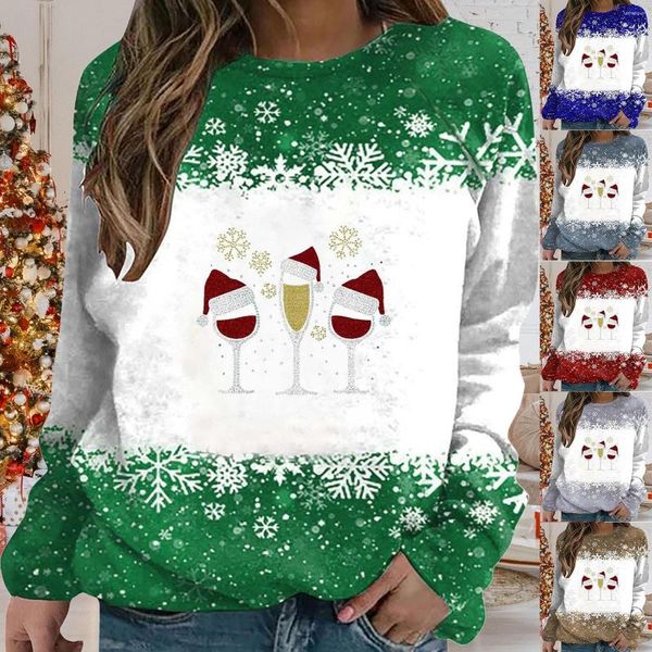Kadın Sweaters Noel Şarap Kupası Kar Tanesi Baskı Sonbahar/Kış Gevşek Rahat Uzun Kollu Yuvarlak Sonbahar Tunik Polar Ceket