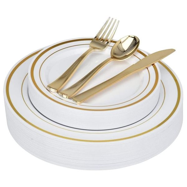 Stoviglie usa e getta 25 ospiti Piatti usa e getta con set di posate - Piatti per feste in plastica dorata e posate per matrimoni Set di stoviglie in plastica 230920