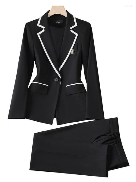 Calças femininas de duas peças moda cinza preto damasco calça terno escritório senhoras blazer e calças formal 2 conjunto para outono inverno