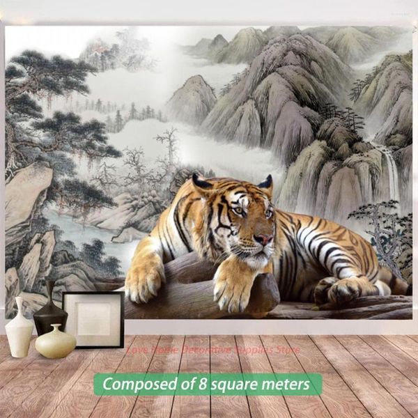 Tapeten Hockender großer Tiger Po Tapete Raumdekor für Kinder Chinesen Berge und Gewässer Malerei Hausrenovierung TV Sofa Hintergrund