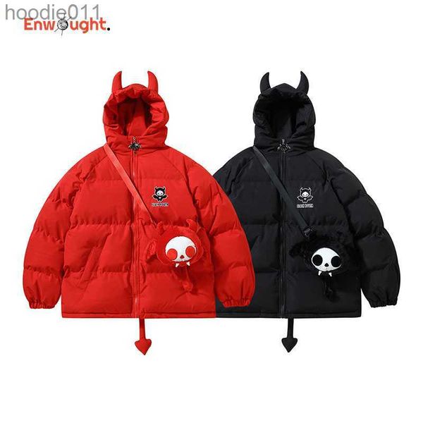 Kadınlar Down Parkas Kış Kapşonlu Ağır Ceket Hip Hop Kadınlar Down Ceketler Y2K Küçük Şeytan Çantası Pamuk Yastıklı Ceket Harajuku Dış Giyim Büyük Boy Parka L230920