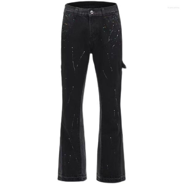 Jeans masculinos preto perna larga y2k hip hop respingado tinta jean masculino magro retalhos relaxado ajuste calças jeans para homens moda americana vint