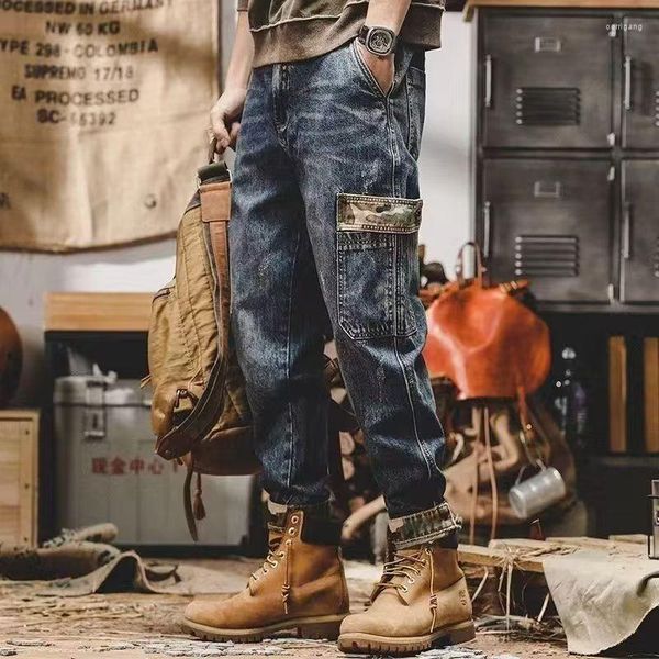 Jeans masculinos 2023 primavera outono vintage grande bolso masculino moda tendência denim trabalho desgaste carga casual hip-hop baggy homens macacões calças