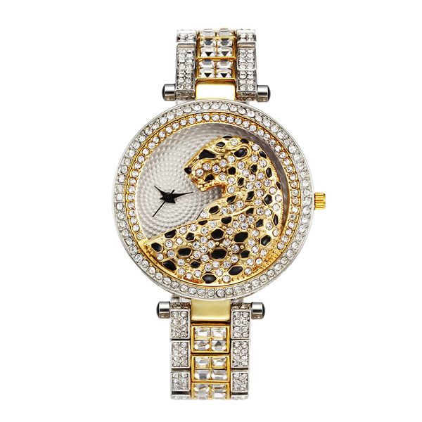 Наручные часы, роскошные женские часы, серебристый цвет, гламурный трехручный кварцевый механизм с бриллиантовым леопардовым безелем, водонепроницаемые часы