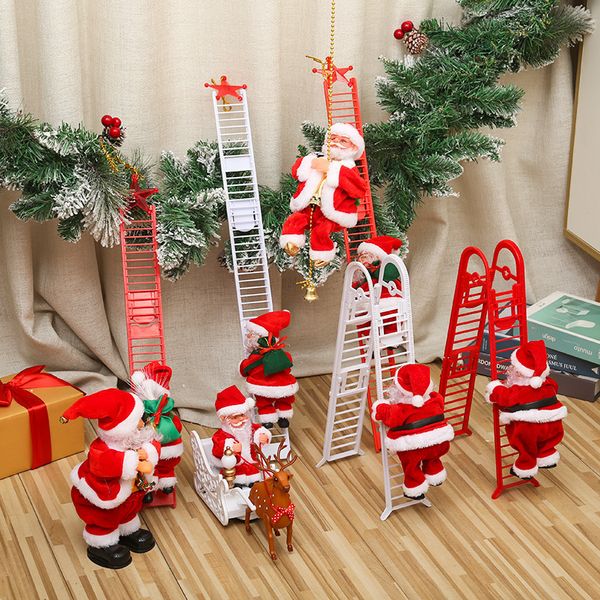 Decorazioni natalizie Babbo Natale Scala da arrampicata Bambola elettrica di Babbo Natale Albero di Natale Ornamento appeso Decorazione da parete per porta interna esterna 230920