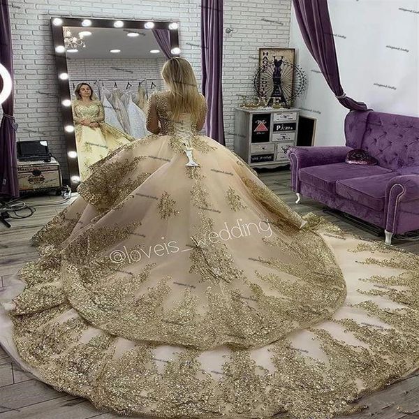 Luxo ouro renda applique vestidos de casamento aso ebi princesa frisado camadas igreja babados capela trem mangas compridas rendas árabe b268k