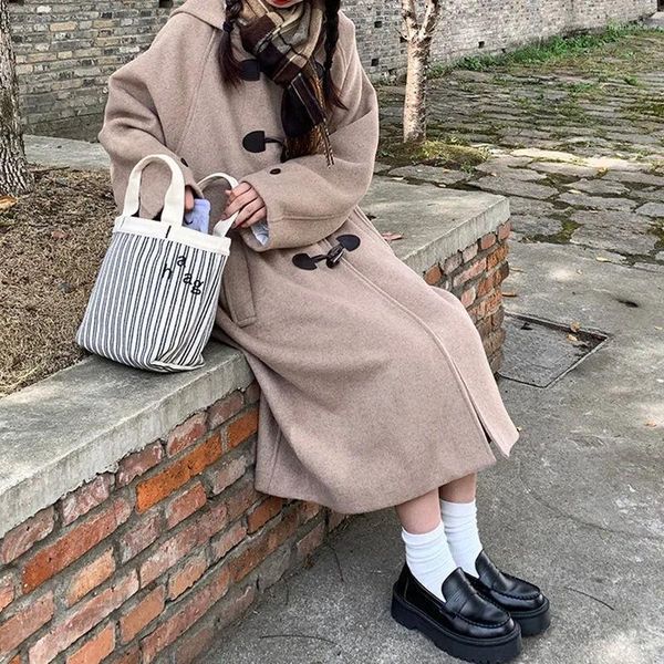 Casacos de trincheira femininos estilo universitário japonês estilo coreano menina casaco de lã outono e inverno jaqueta com capuz engrossado bonito