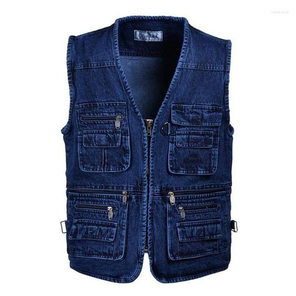 Coletes masculinos sobre tamanho 5xl denim homens algodão multi bolso jean jaqueta gilet masculino marca militar colete masculino jaquetas